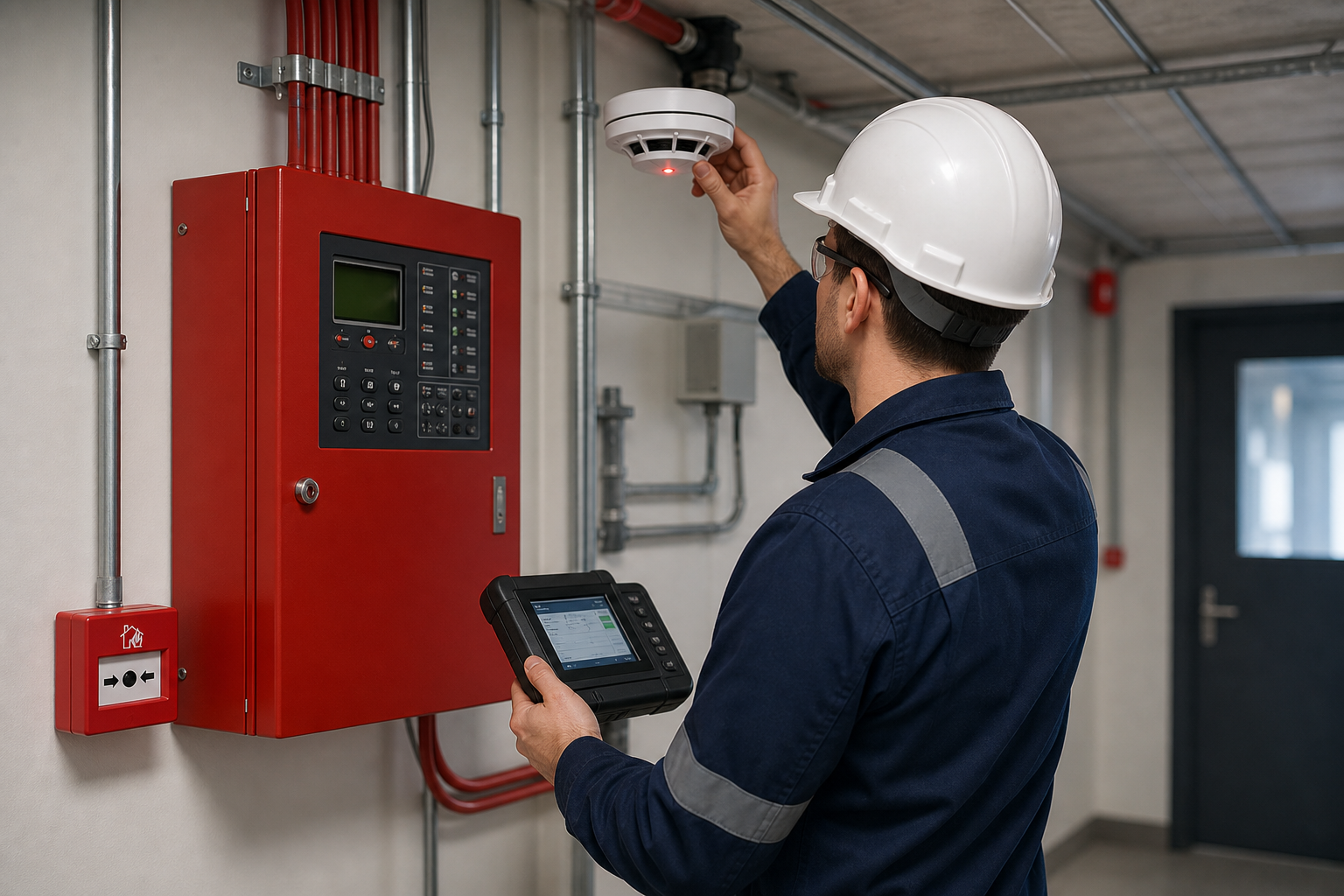 Engineer testing fire alarm control panel and smoke detector