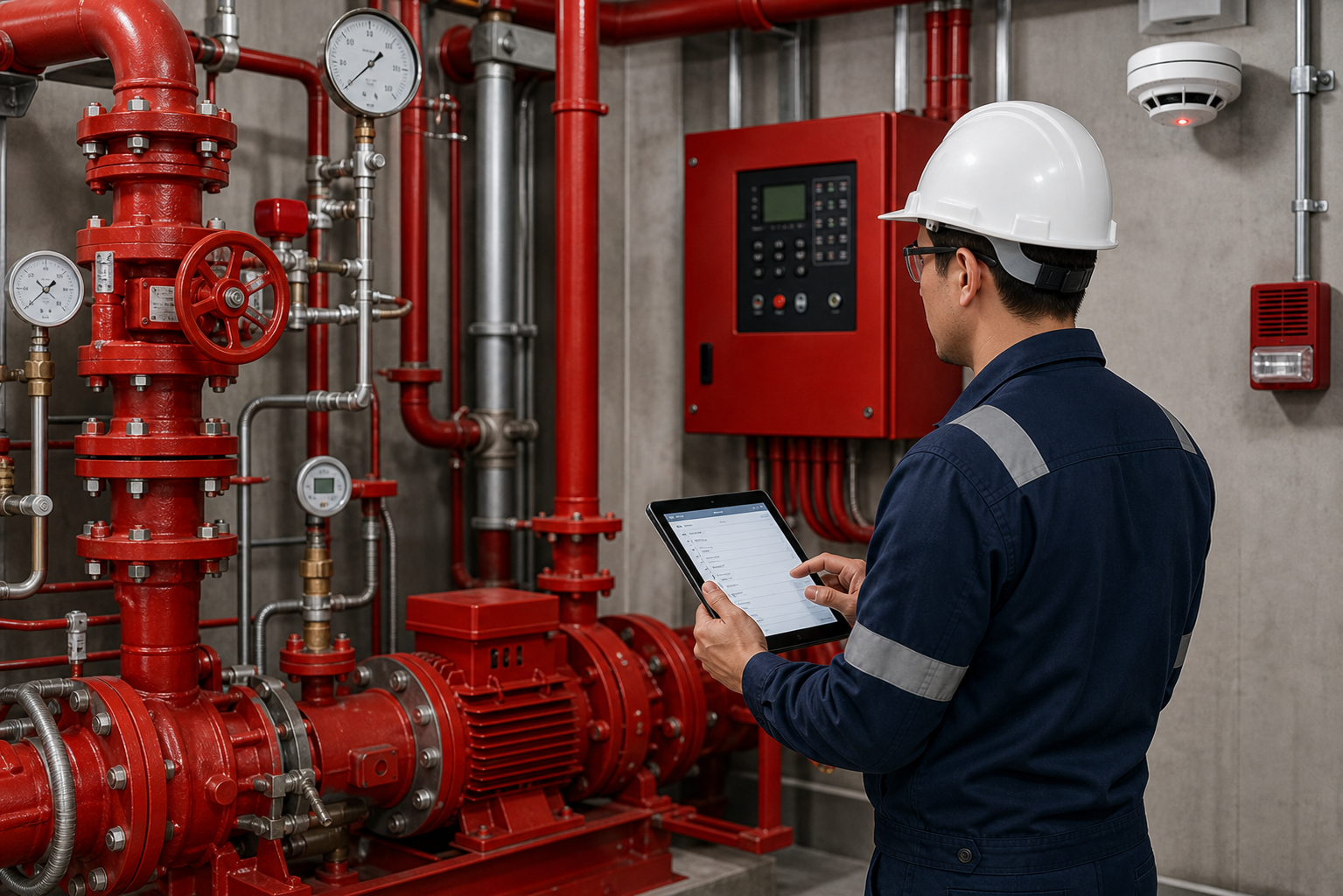 Engineer testing fire system valves gauges and commissioning equipment