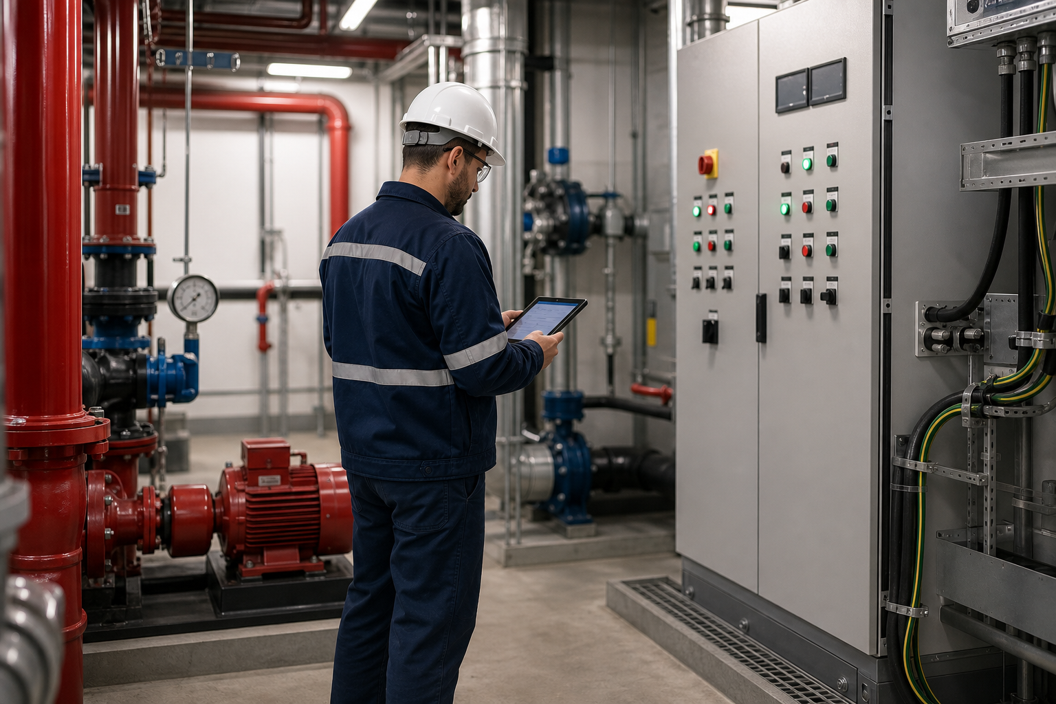 Maintenance engineer inspecting industrial building services systems